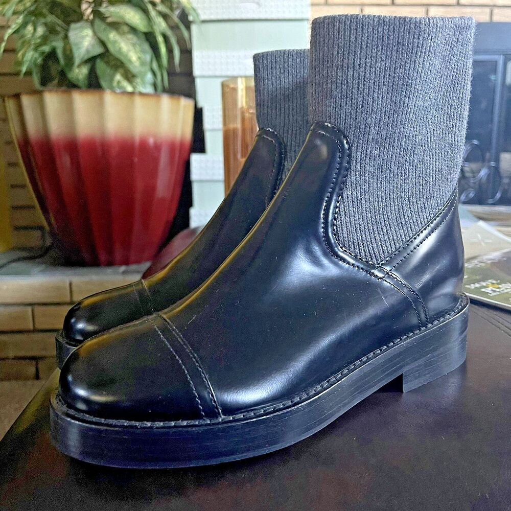 J Crew Chelsea Boots Leather / Knit Size 6.5 Black Gray Fabric New